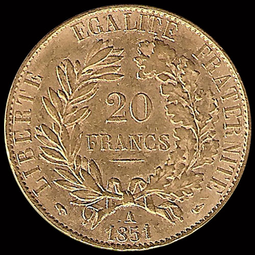 FRANCIA - REPUBLIQUE FRANCAISE - 20 FRANCOS, 1851 - MONEDA DE ORO  