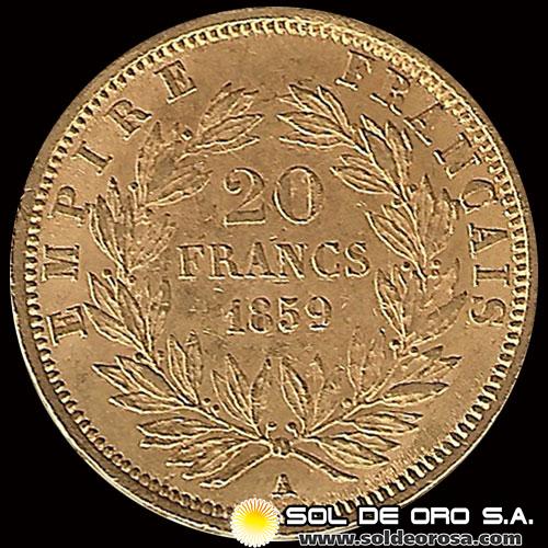 FRANCIA - 20 FRANCOS, TIPO NAPOLEON III, 1859 - MONEDA DE ORO