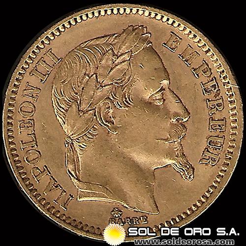 FRANCIA - 20 FRANCOS, TIPO NAPOLEON III, 1865 - MONEDA DE ORO