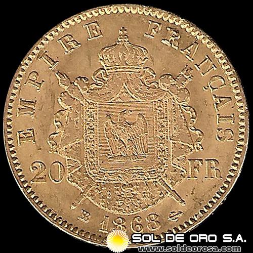 FRANCIA - 20 FRANCOS, TIPO NAPOLEON III, 1868 - MONEDA DE ORO