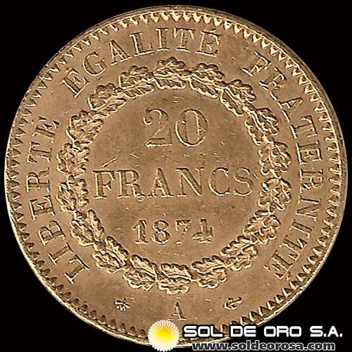 FRANCIA - REPUBLIQUE FRANCAISE - 20 FRANCOS, 1874 - MONEDA DE ORO