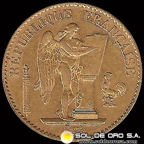 FRANCIA - REPUBLIQUE FRANCAISE - 20 FRANCOS, TIPO ANGEL ESCRIBIENDO, 1876 - MONEDA DE ORO