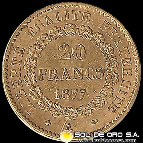 FRANCIA - REPUBLIQUE FRANCAISE - 20 FRANCOS, ANGEL ESCRIBIENDO - 1877 - MONEDA DE ORO
