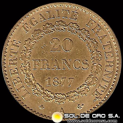 FRANCIA - REPUBLIQUE FRANCAISE - 20 FRANCOS, TIPO ANGEL ESCRIBIENDO, 1877 - MONEDA DE ORO