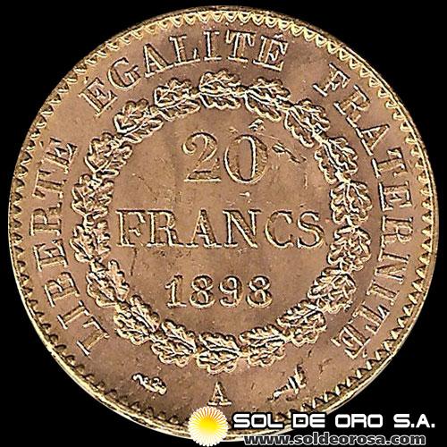 FRANCIA - 20 FRANCOS, TIPO ANGEL ESCRIBIENDO, 1897 - MONEDA DE ORO