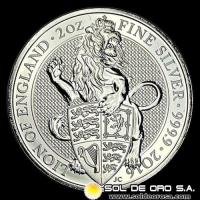 INGLATERRA - 5 POUNDS, 2016 - ELIZABETH II - LION OF ENGLAND - 2 ONZAS DE PLATA