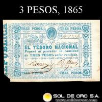 NUMIS - BILLETES DEL PARAGUAY - 1865 - TRES PESOS (MC31.a) - FIRMAS: PASCUAL BEDOYA - RAMON MAZO - TESORO NACIONAL