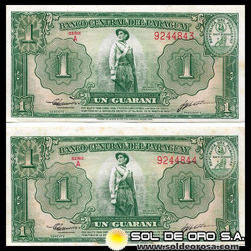 	NUMIS - BILLETES DEL PARAGUAY - 1952 - UN GUARANI (MC203.b2) - FIRMAS: PEDRO R. CHAMORRO - GUSTAVO STORM - NUMEROS CORRELATIVOS - BANCO CENTRAL DEL PARAGUAY