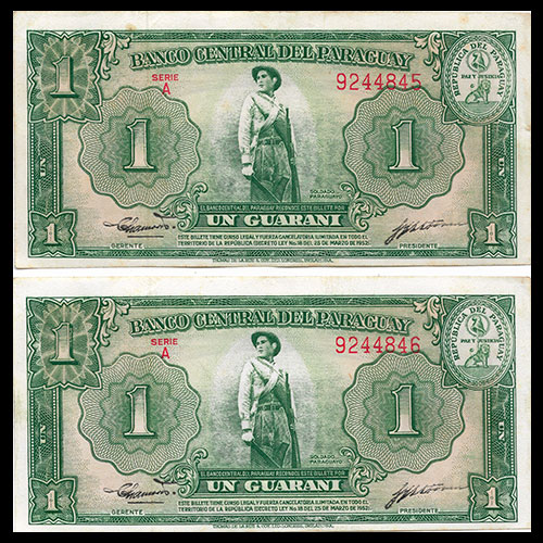 	NUMIS - BILLETES DEL PARAGUAY - 1952 - UN GUARANI (MC203.b2) - FIRMAS: PEDRO R. CHAMORRO - GUSTAVO STORM - NUMEROS CORRELATIVOS - BANCO CENTRAL DEL PARAGUAY