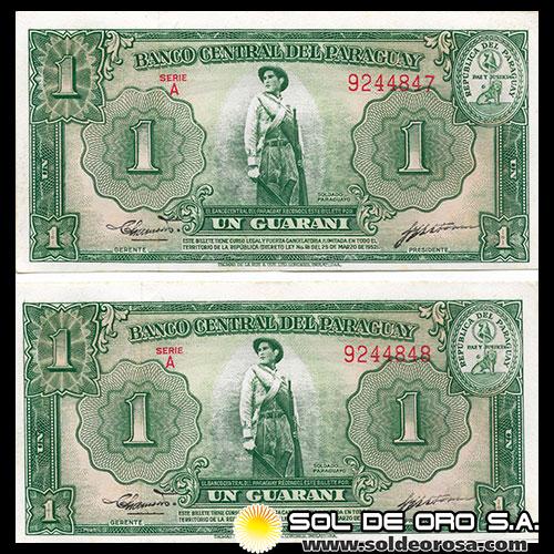 	NUMIS - BILLETES DEL PARAGUAY - 1952 - UN GUARANI (MC203.b2) - FIRMAS: PEDRO R. CHAMORRO - GUSTAVO STORM - NUMEROS CORRELATIVOS - BANCO CENTRAL DEL PARAGUAY
