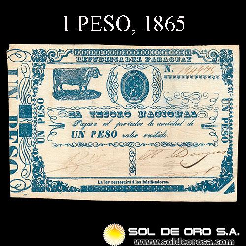 NUMIS - BILLETES DEL PARAGUAY - 1865 - UN PESO (MC 29) - FIRMAS: AGUSTIN TRIGO - MIGUEL BERGES - TESORO NACIONAL