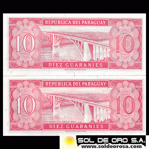 NUMIS - BILLETES DEL PARAGUAY - 1963 - DIEZ GUARANIES (MC212.b3) - FIRMAS: AUGUSTO COLMAN VILLAMAYOR - CESAR ROMEO ACOSTA - NUMEROS CORRELATIVOS - BANCO CENTRAL DEL PARAGUAY