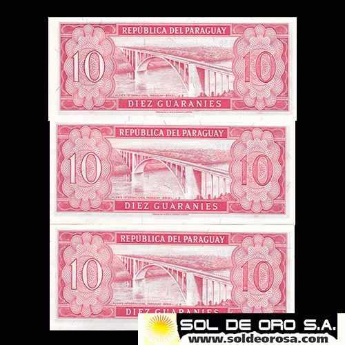 NUMIS - BILLETES DEL PARAGUAY - 1963 - DIEZ GUARANIES (MC212.b3) - FIRMAS: AUGUSTO COLMAN VILLAMAYOR - CESAR ROMEO ACOSTA - NUMEROS CORRELATIVOS - BANCO CENTRAL DEL PARAGUAY
