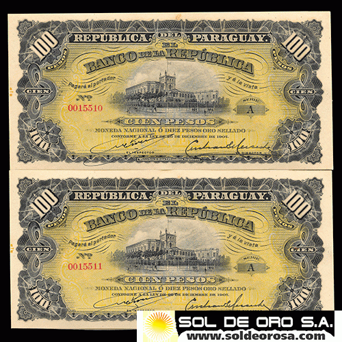 NUMIS - BILLETES DEL PARAGUAY - 1907 - BR - CIEN PESOS (MC163.c) - FIRMAS: M. VIVEROS - CRENSHAN MENENDEZ - BANCO DE LA REPUBLICA