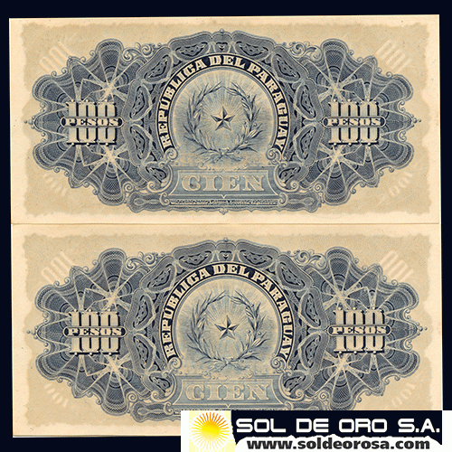 NUMIS - BILLETES DEL PARAGUAY - 1907 - BR - CIEN PESOS (MC163.c) - FIRMAS: M. VIVEROS - CRENSHAN MENENDEZ - BANCO DE LA REPUBLICA