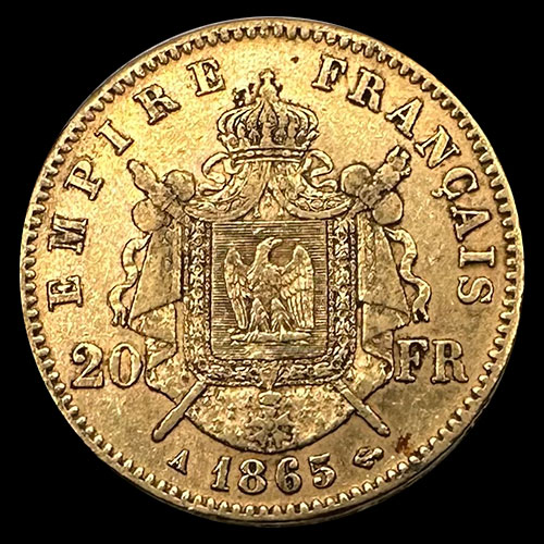 FRANCIA - EMPIRE FRANCAIS - 20 FRANCOS, 1865 - MONEDA DE ORO