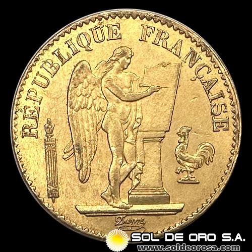 FRANCIA - REPUBLIQUE FRANCAISE - 20 FRANCOS, TIPO ANGEL ESCRIBIENDO - 1876 - MONEDA DE ORO