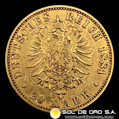ALEMANIA - 20 MARK - WILHELM DEUTSCHER KAISER KONIG V. PREUSSEN - 1881 - MONEDA DE ORO