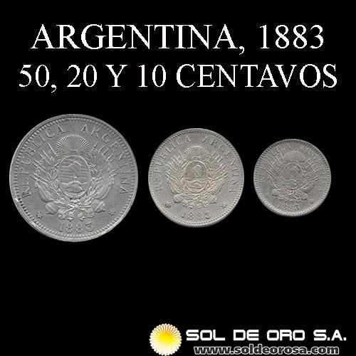 NA1 - ARGENTINA - SET DE 10,20 Y 50 CENTAVOS, 1883 - MONEDAS DE PLATA