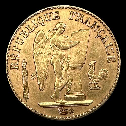 FRANCIA - REPUBLIQUE FRANCAISE - 20 FRANCOS, TIPO ANGEL ESCRIBIENDO - 1889 - MONEDA DE ORO