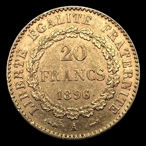 FRANCIA - REPUBLIQUE FRANCAISE - 20 FRANCOS, ANGEL ESCRIBIENDO - 1896 - MONEDA DE ORO