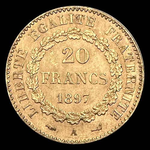 FRANCIA - REPUBLIQUE FRANCAISE - 20 FRANCOS, TIPO ANGEL ESCRIBIENDO - 1897 - MONEDA DE ORO