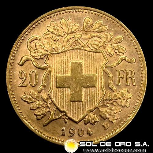 SUIZA - 20 FRANCOS, VRENELLI - 1904 - MONEDA DE ORO