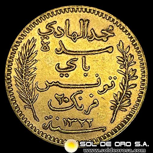 TUNEZ - 20 FRANCS, 1904 - MONEDA DE ORO