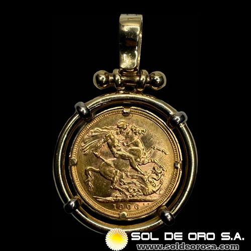 INGLATERRA - SOVEREIGN, LIBRA INGLESA (EDUARDO VII) - 1906 - PRENDEDOR 18K - MONEDA DE ORO