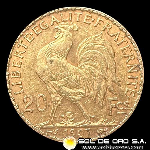 FRANCIA - 20 FRANCOS, TIPO ROOSTER, 1907 - MONEDA DE ORO