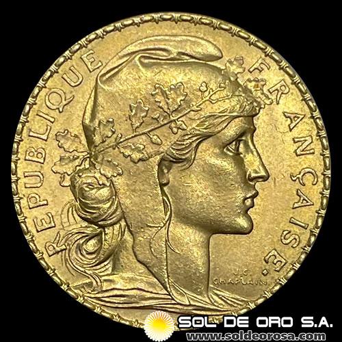 FRANCIA - REPUBLIQUE FRANCAISE - 20 FRANCOS, TIPO ROOSTER, 1907 - MONEDA DE ORO