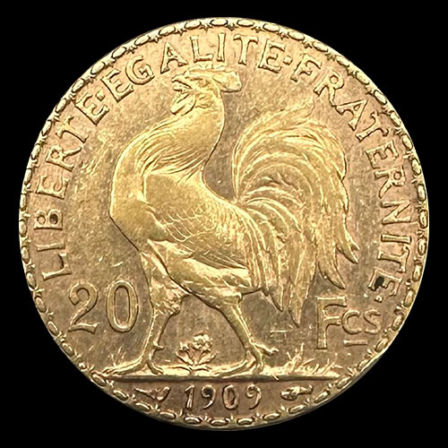 FRANCIA - REPUBLIQUE FRANCAISE - 20 FRANCOS, TIPO ROOSTER - 1909 - MONEDA DE ORO