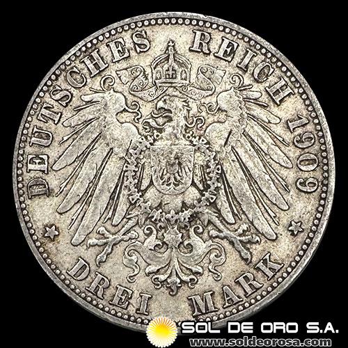NA1 - ALEMANIA - 3 MARK, 1909 - WILLIAM II - REINO DE WURTEMBERG - MONEDA DE PLATA