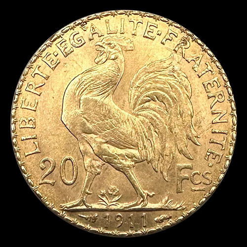 FRANCIA - REPUBLIQUE FRANCAISE - 20 FRANCOS, TIPO ROOSTER - 1911 - MONEDA DE ORO
