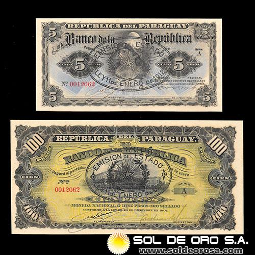 NUMIS - BILLETES DEL PARAGUAY - 1912 - CINCO Y DIEZ PESOS (A.A.47/A.A.27) - MISMA NUMERACION - RESELLADOS - BANCO DE LA REPUBLICA