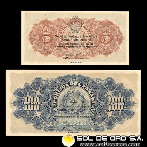 NUMIS - BILLETES DEL PARAGUAY - 1912 - CINCO Y DIEZ PESOS (A.A.47/A.A.27) - MISMA NUMERACION - RESELLADOS - BANCO DE LA REPUBLICA