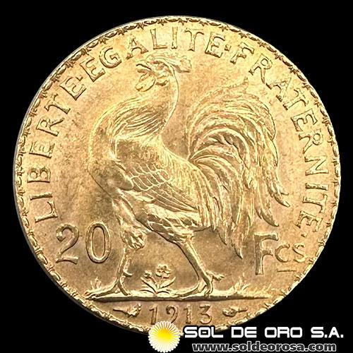 FRANCIA - 20 FRANCOS, TIPO ROOSTER, 1913 - MONEDA DE ORO