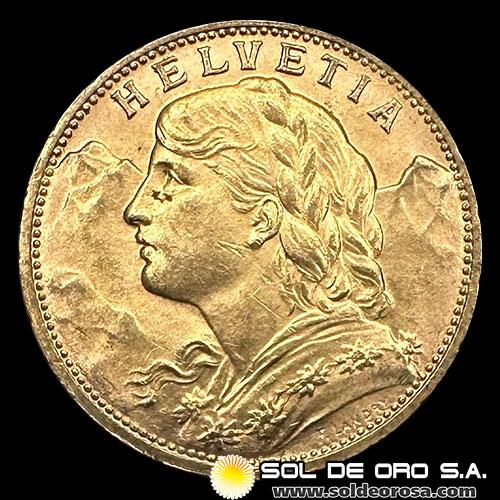 SUIZA - 20 FRANCOS, VRENELLI - 1904 - MONEDA DE ORO