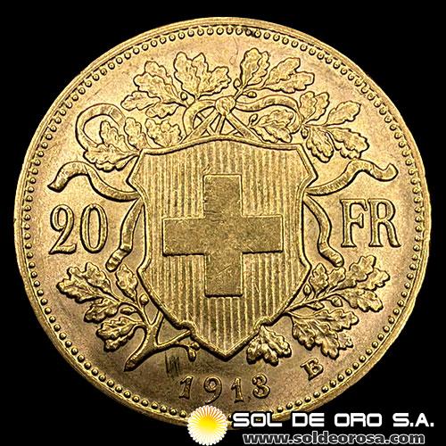SUIZA - 20 FRANCOS, VRENELLI - 1913 - MONEDA DE ORO