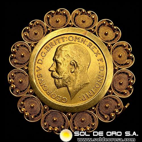 INGLATERRA - SOVEREIGN, LIBRA INGLESA (GEORGE V) - 1913 - PRENDEDOR 18K - MONEDA DE ORO