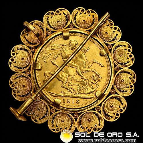 INGLATERRA - SOVEREIGN, LIBRA INGLESA (GEORGE V) - 1913 - PRENDEDOR 18K - MONEDA DE ORO