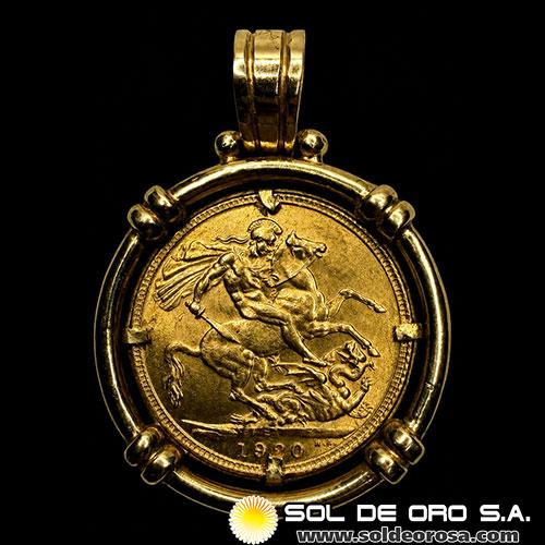 INGLATERRA - SOVEREIGN (GEORGE V), LIBRA INGLESA, 1920 - PRENDEDOR 18K - MONEDA DE ORO