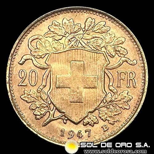 SUIZA - 20 FRANCOS, VRENELLI - 1947 - MONEDA DE ORO