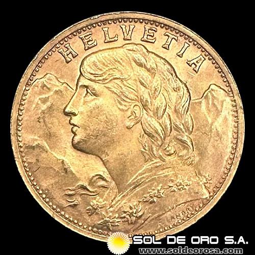 SUIZA - 20 FRANCOS, VRENELLI - 1947 - MONEDA DE ORO