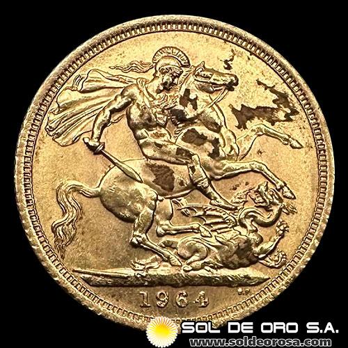 INGLATERRA - SOVEREIGN, LIBRA INGLESA (ELIZABETH II - SIN CORONA), 1964 - MONEDA DE ORO