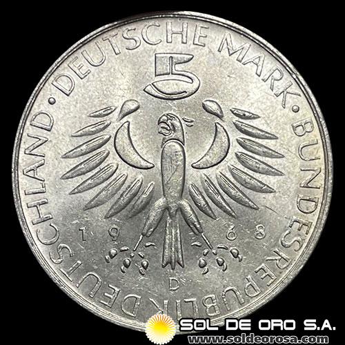 ALEMANIA - 5 MARK - 1968 - Subject: 83 th Anniversary - Death of Max Pettenkofer - MONEDA DE PLATA