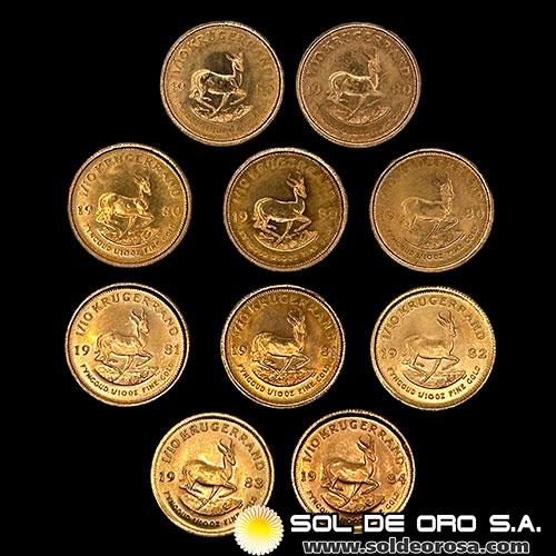 SUDAFRICA - 1/10 oz., KRUGERRAND - DIFFERENT YEARS - LOTE DE 10 MONEDAS DE 1/10 ONZAS