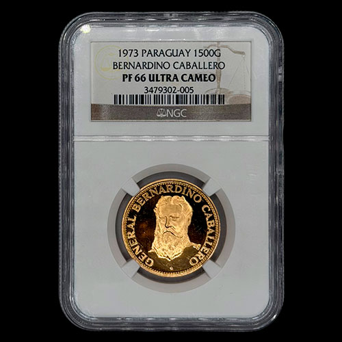STAL - PARAGUAY - PM 102 (ENCAPSULADO) - 1.500 GUARANIES, 1973 - Motivo: GENERAL BERNARDINO CABALLERO - MONEDAS CONMEMORATIVAS DE ORO