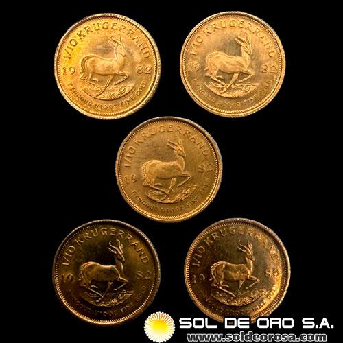 SUDAFRICA - 1/10 oz., KRUGERRAND - LOTE DE 5 MONEDA DE ORO