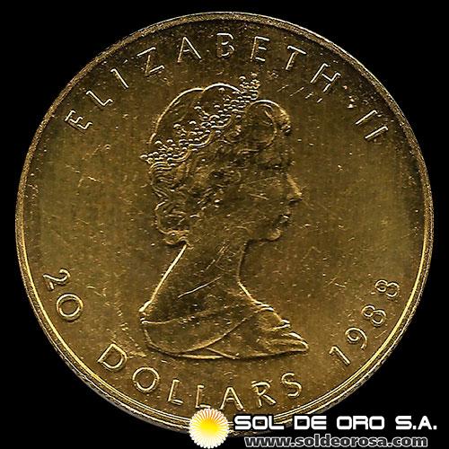 CANADA - HOJA DE MAPPLE 1/2 oz, 20 DOLLARS - 1988 - MONEDA DE ORO